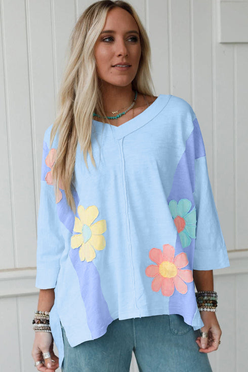 Mixed Daisy Applique Exposed Seam Oversized V Neck Top